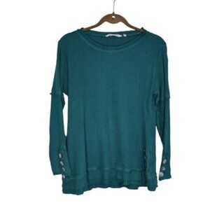 Soft Surroundings Waffle Knit Top Women’s Medium Teal Boho Decorative Buttons